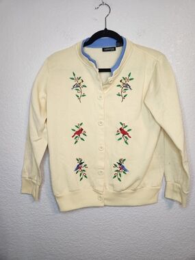 Ladies club VINTAGE Bird Embroidered Cardigan Sweatshirt Womens Butter Yellow